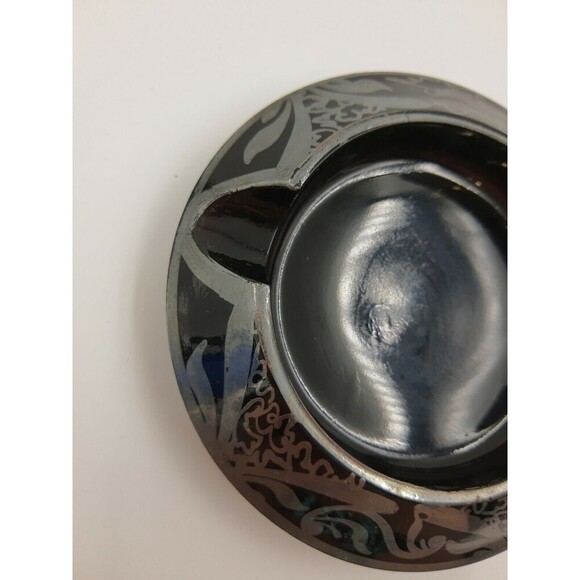 VINTAGE 4" Dia Dark Purple Glass Ashtray Silver Painting - Picture 2 of 7